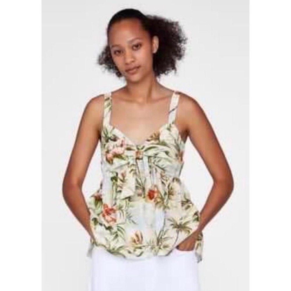 Vintage ZARA tropical palm tree Flower print tank top Blouse Women's Size XS VTG